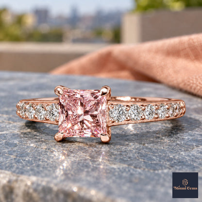 Pink Princess Cut Lab Grown Diamond Engagement Ring - Pave Band in rose gold, close-up