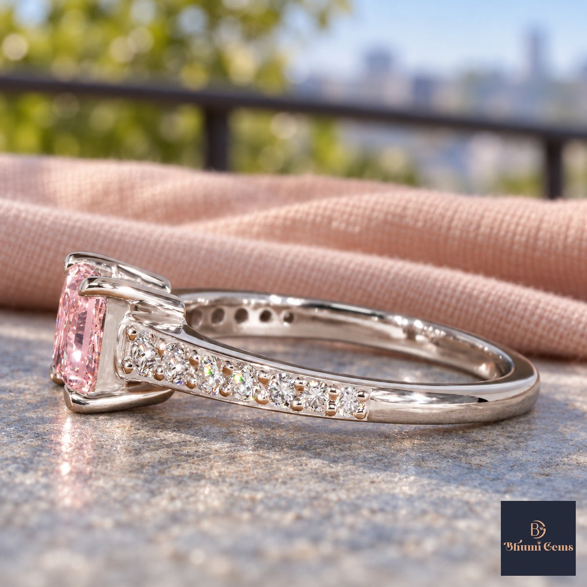 Pink Princess Cut Lab Grown Diamond Engagement Ring - Pave Band in white gold, side view