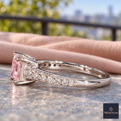 Pink Princess Cut Lab Grown Diamond Engagement Ring - Pave Band in white gold, side view