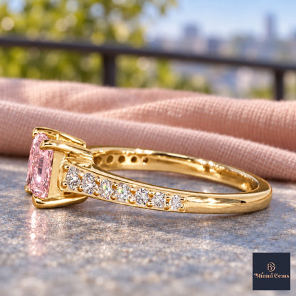 Pink Princess Cut Lab Grown Diamond Engagement Ring - Pave Band in yellow gold, side view