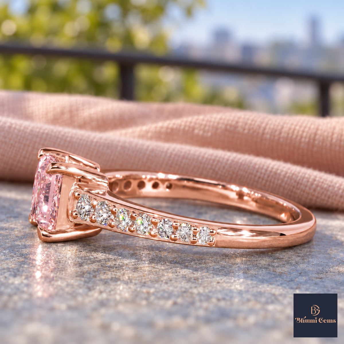 Pink Princess Cut Lab Grown Diamond Engagement Ring - Pave Band in rose gold, side view