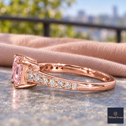 Pink Princess Cut Lab Grown Diamond Engagement Ring - Pave Band in rose gold, side view