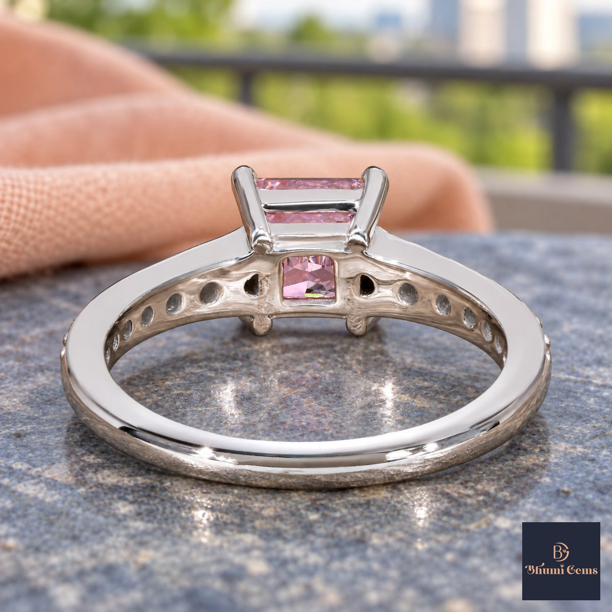 Pink Princess Cut Lab Grown Diamond Engagement Ring - Pave Band in white gold, gallery view
