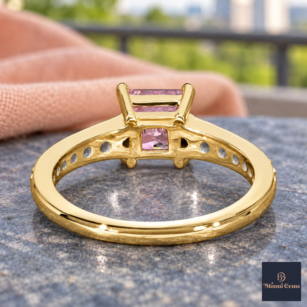 Pink Princess Cut Lab Grown Diamond Engagement Ring - Pave Band in yellow gold, gallery view