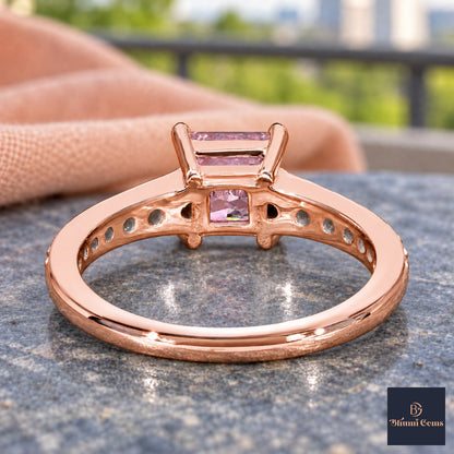 Pink Princess Cut Lab Grown Diamond Engagement Ring - Pave Band in rose gold, gallery view