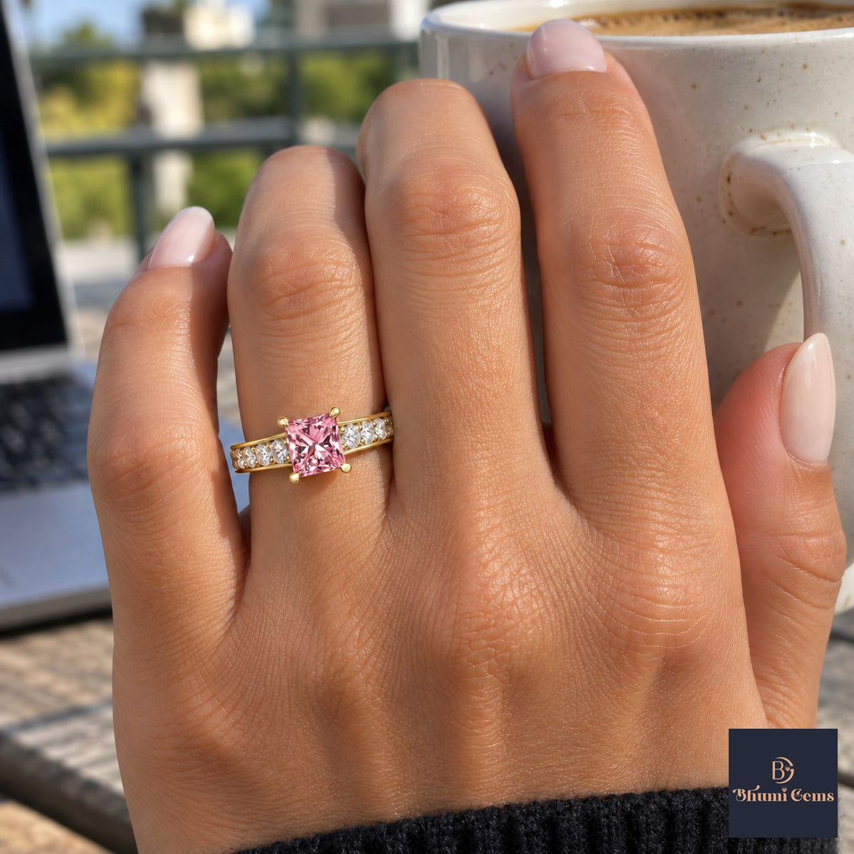Pink Princess Cut Lab Grown Diamond Engagement Ring - Pave Band in yellow gold, on the hand
