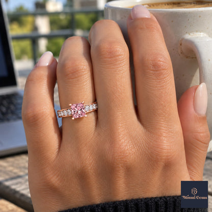 Pink Princess Cut Lab Grown Diamond Engagement Ring - Pave Band in rose gold, on the hand