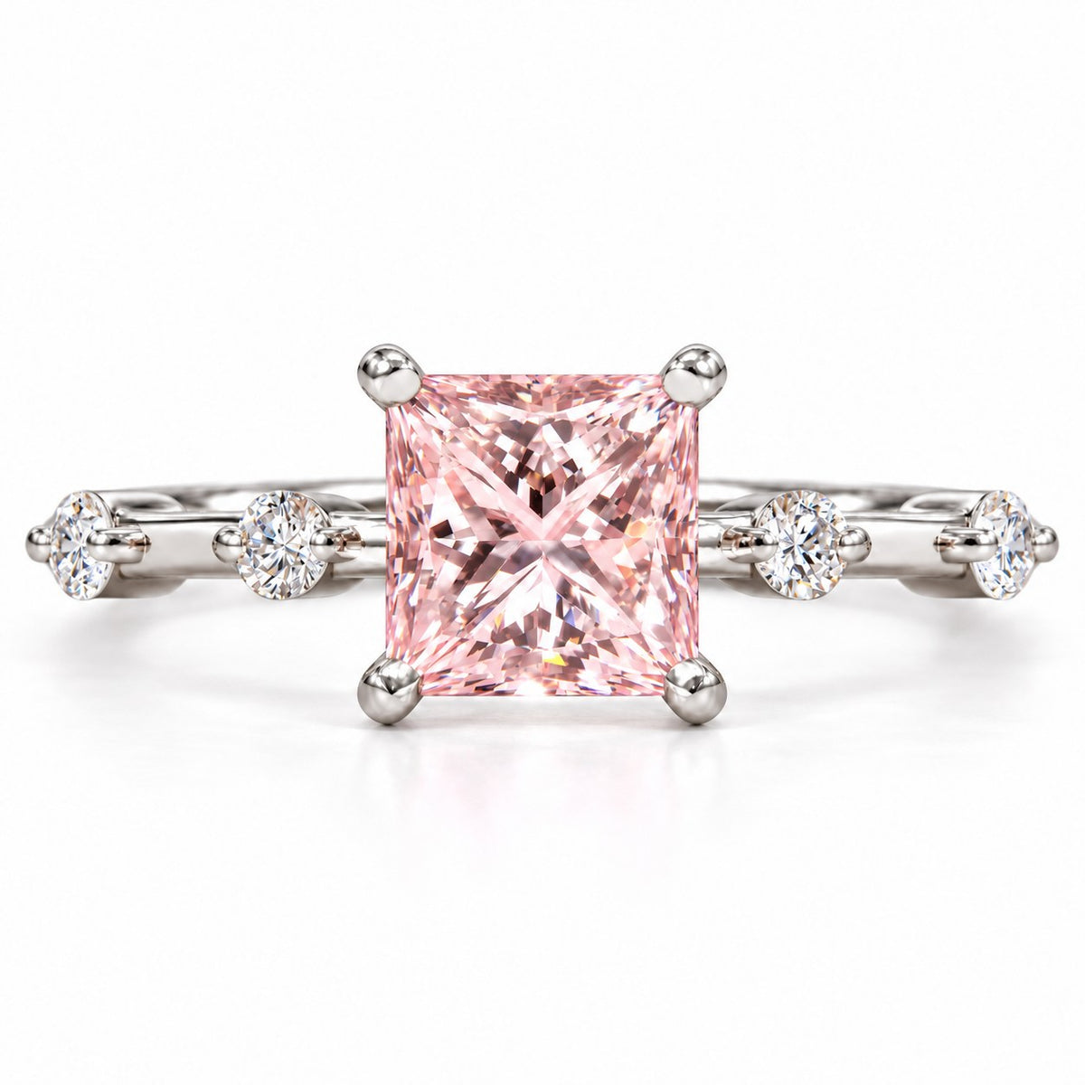 Pink Princess Cut Lab Grown Diamond Engagement Ring - Station Band in white gold, front view