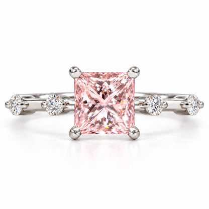 Pink Princess Cut Lab Grown Diamond Engagement Ring - Station Band in white gold, front view