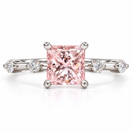 Pink Princess Cut Lab Grown Diamond Engagement Ring - Station Band in white gold, front view