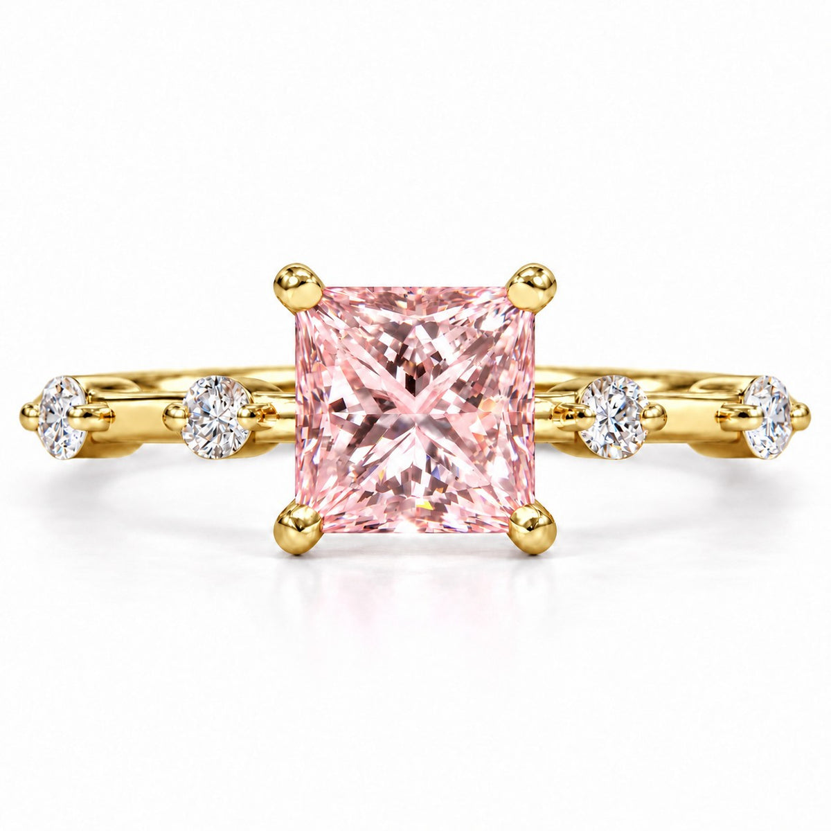 Pink Princess Cut Lab Grown Diamond Engagement Ring - Station Band in yellow gold, front view