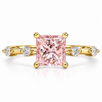 Pink Princess Cut Lab Grown Diamond Engagement Ring - Station Band in yellow gold, front view