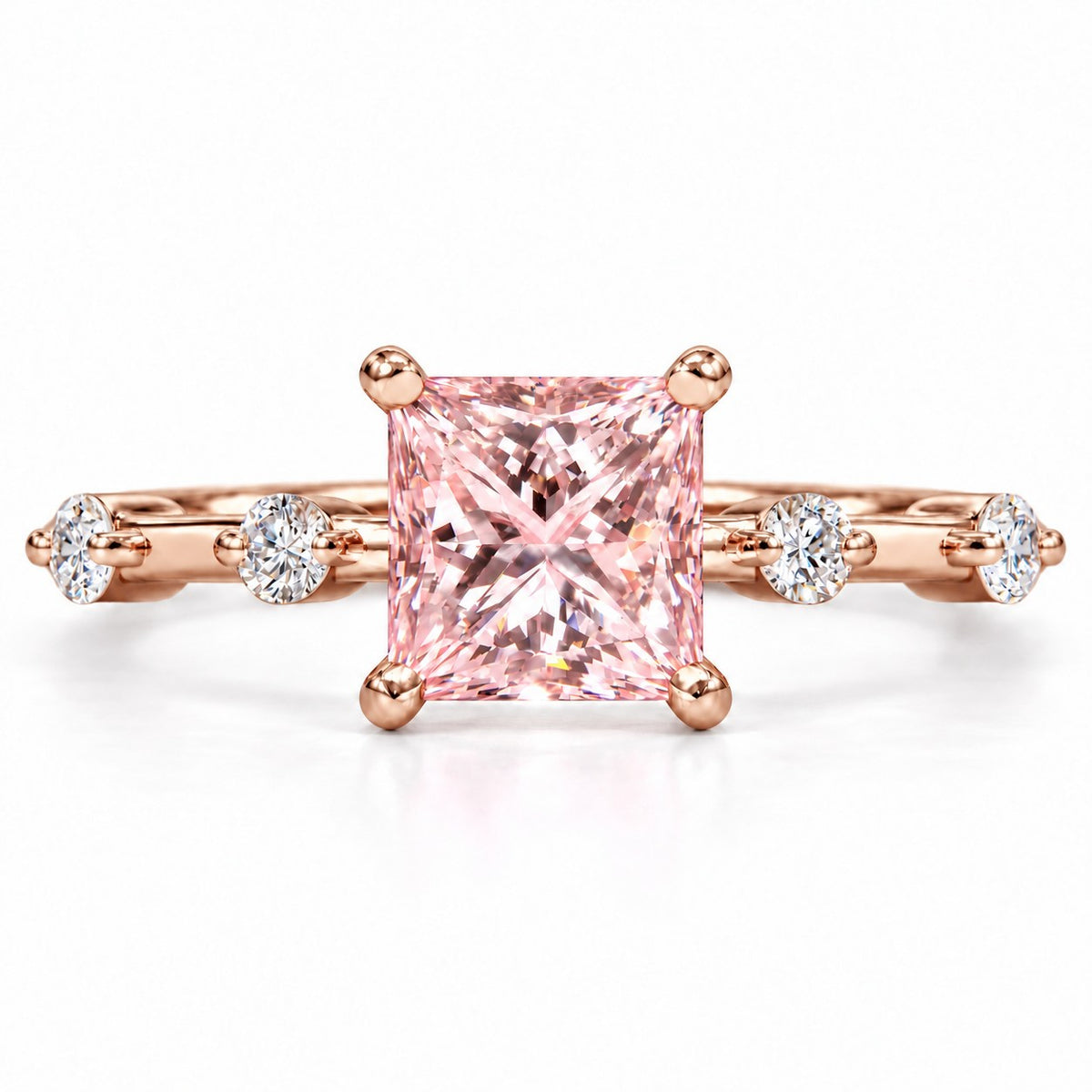 Pink Princess Cut Lab Grown Diamond Engagement Ring - Station Band in rose gold, front view