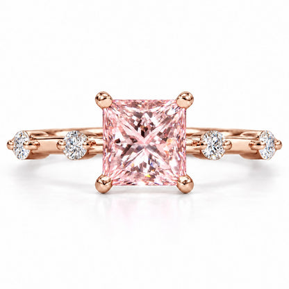 Pink Princess Cut Lab Grown Diamond Engagement Ring - Station Band in rose gold, front view