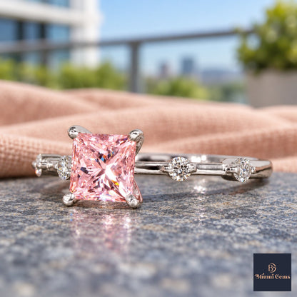 Pink Princess Cut Lab Grown Diamond Engagement Ring - Station Band in white gold, close-up