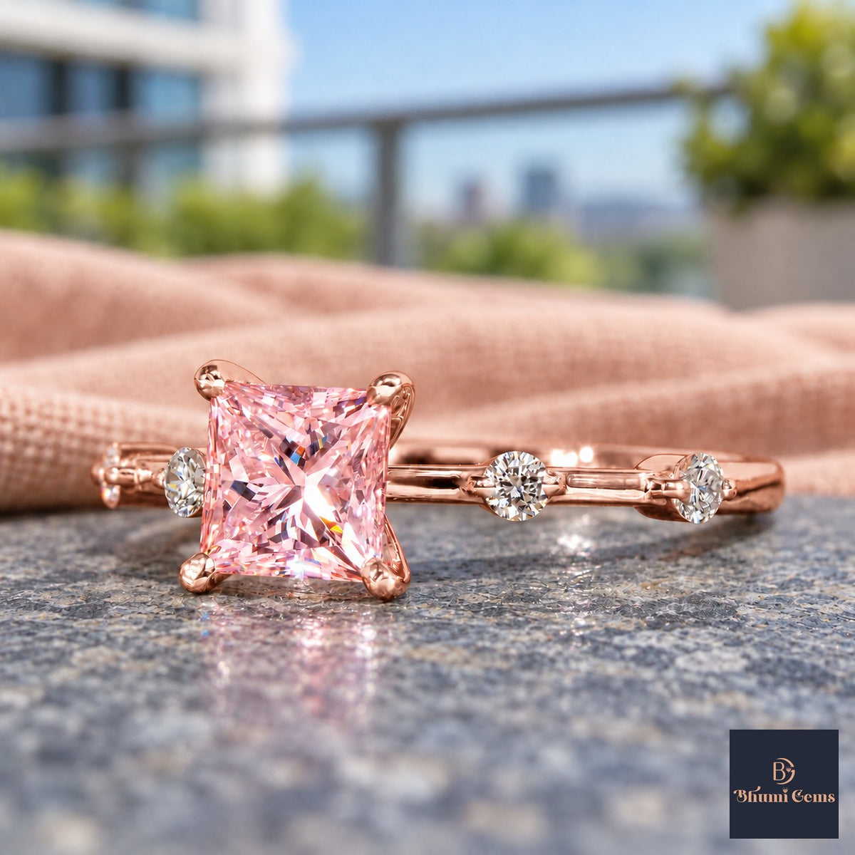 Pink Princess Cut Lab Grown Diamond Engagement Ring - Station Band in rose gold, close-up