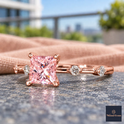 Pink Princess Cut Lab Grown Diamond Engagement Ring - Station Band in rose gold, close-up