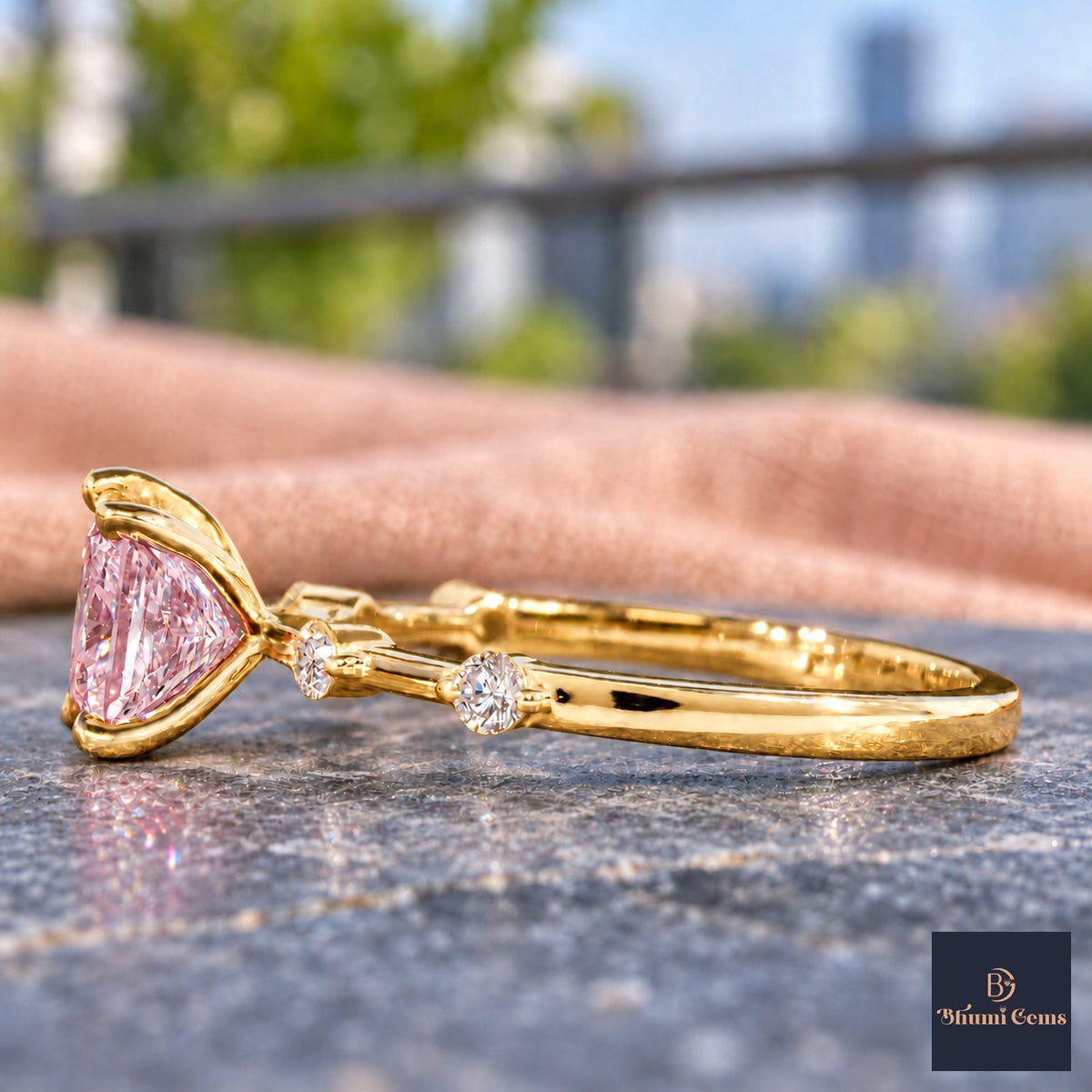 Pink Princess Cut Lab Grown Diamond Engagement Ring - Station Band in yellow gold, side view