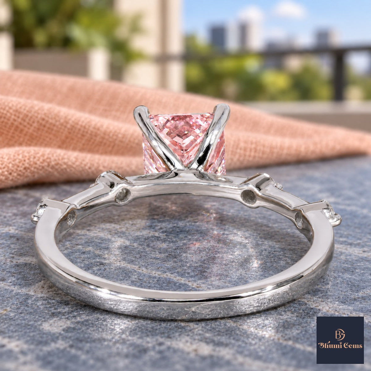 Pink Princess Cut Lab Grown Diamond Engagement Ring - Station Band in white gold, gallery view