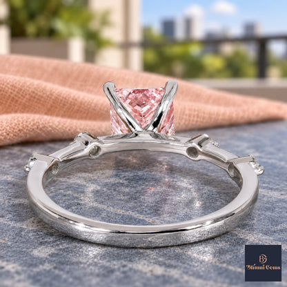 Pink Princess Cut Lab Grown Diamond Engagement Ring - Station Band in white gold, gallery view