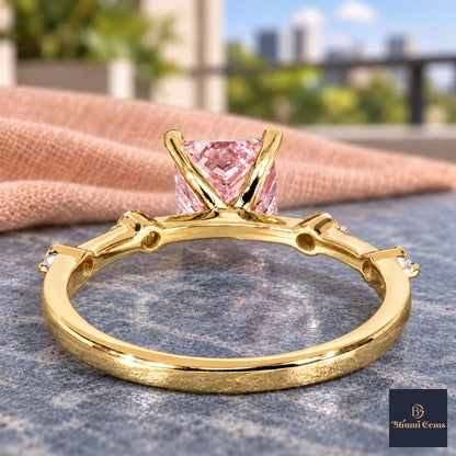 Pink Princess Cut Lab Grown Diamond Engagement Ring - Station Band in yellow gold, gallery view
