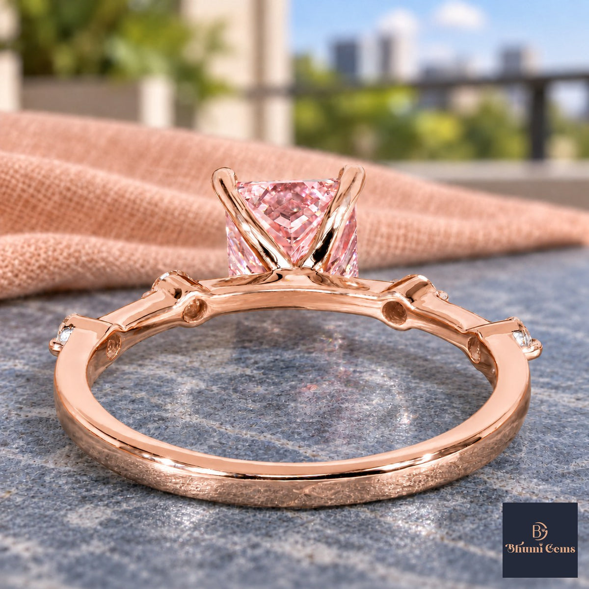 Pink Princess Cut Lab Grown Diamond Engagement Ring - Station Band in rose gold, gallery view