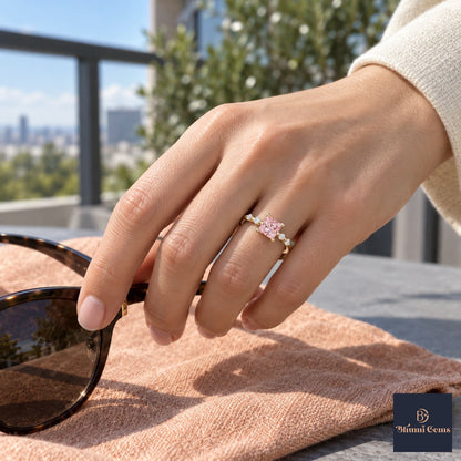 Pink Princess Cut Lab Grown Diamond Engagement Ring - Station Band in yellow gold, on the hand
