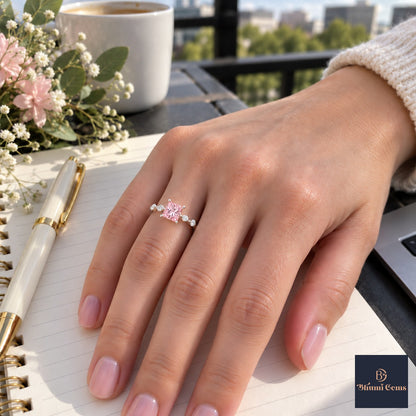 Pink Princess Cut Lab Grown Diamond Engagement Ring - Station Band in white gold, worn on the hand