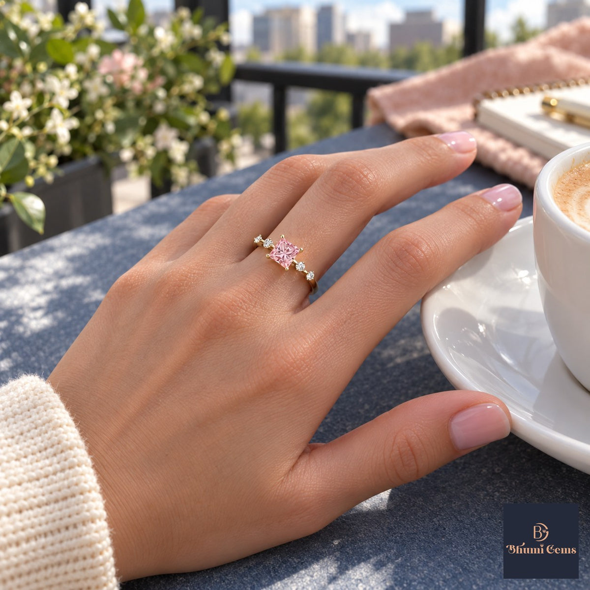 Pink Princess Cut Lab Grown Diamond Engagement Ring - Station Band in yellow gold, worn on the hand