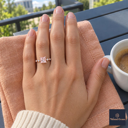 Pink Princess Cut Lab Grown Diamond Engagement Ring - Station Band in rose gold, worn on the hand