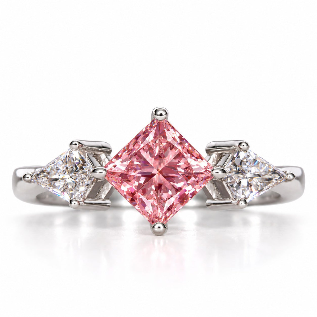 Pink Princess Cut Lab Grown Diamond Engagement Ring - Trillion Three Stone in white gold, front view