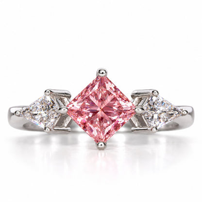 Pink Princess Cut Lab Grown Diamond Engagement Ring - Trillion Three Stone in white gold, front view