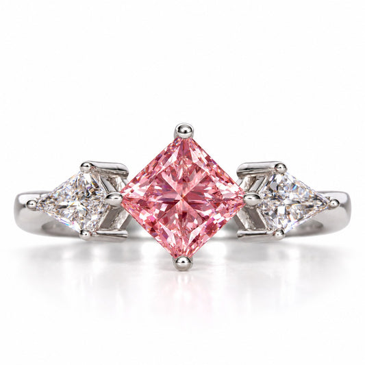 Pink Princess Cut Lab Grown Diamond Engagement Ring - Trillion Three Stone in white gold, front view