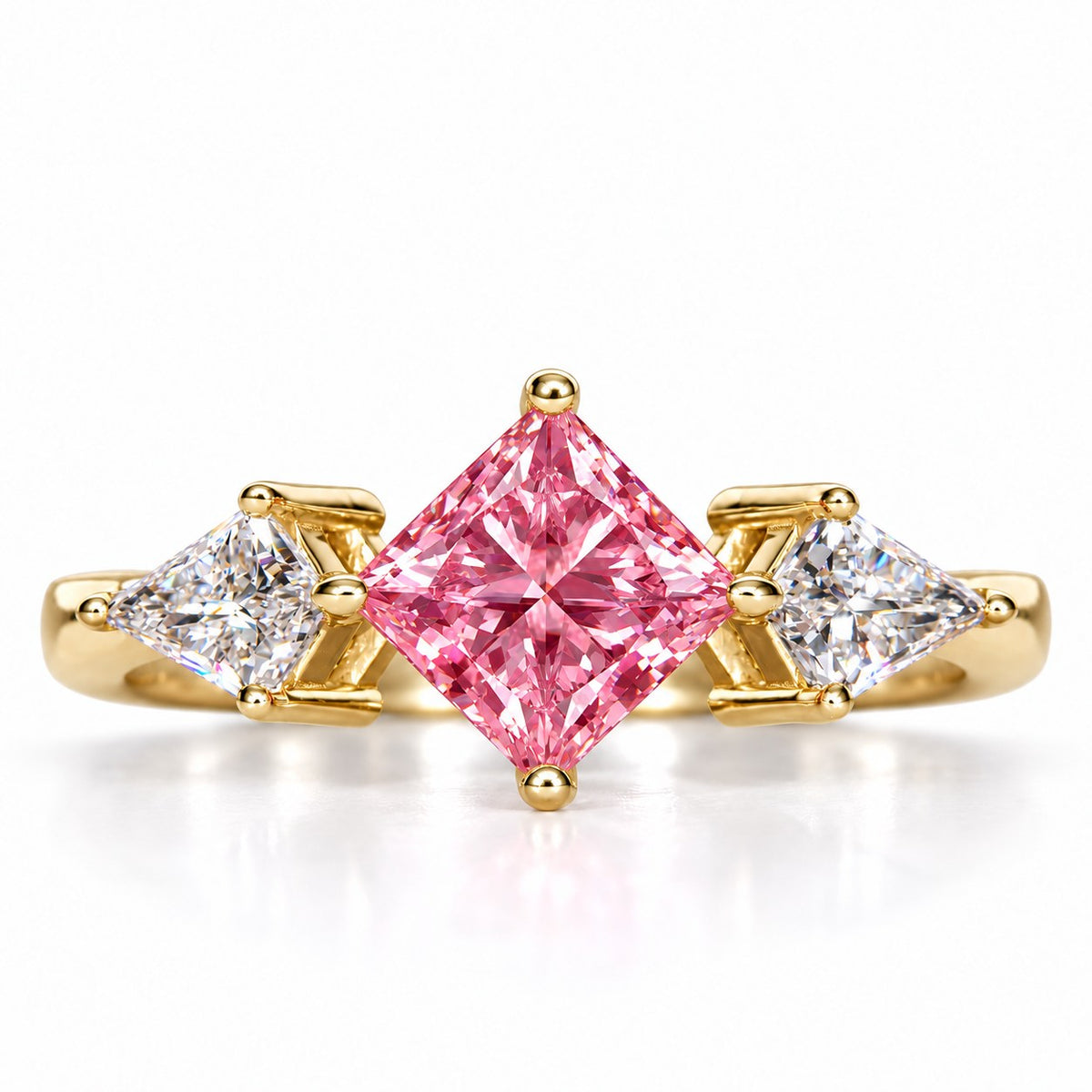 Pink Princess Cut Lab Grown Diamond Engagement Ring - Trillion Three Stone in yellow gold, front view