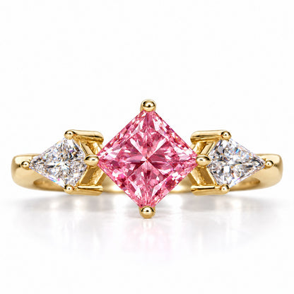 Pink Princess Cut Lab Grown Diamond Engagement Ring - Trillion Three Stone in yellow gold, front view