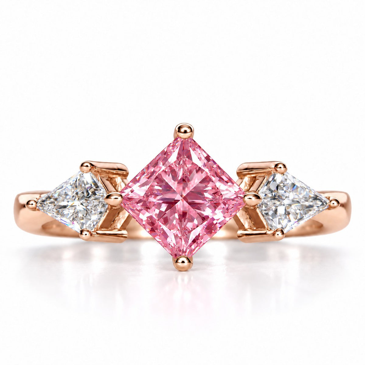 Pink Princess Cut Lab Grown Diamond Engagement Ring - Trillion Three Stone in rose gold, front view