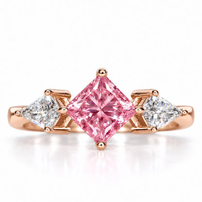 Pink Princess Cut Lab Grown Diamond Engagement Ring - Trillion Three Stone in rose gold, front view