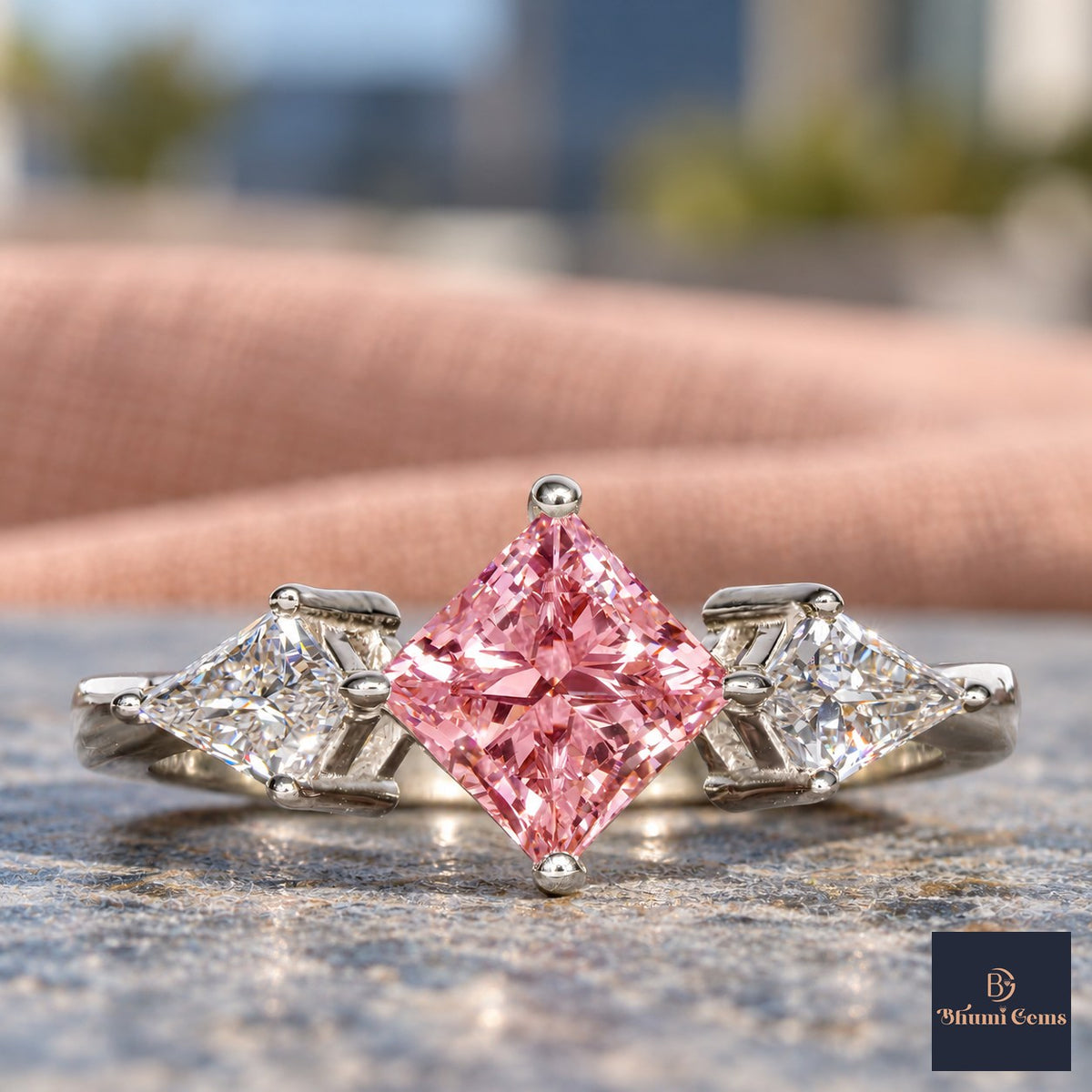 Pink Princess Cut Lab Grown Diamond Engagement Ring - Trillion Three Stone in white gold, close-up