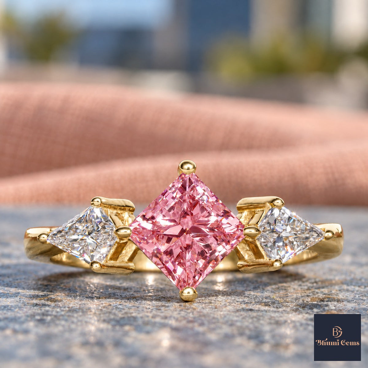 Pink Princess Cut Lab Grown Diamond Engagement Ring - Trillion Three Stone in yellow gold, close-up