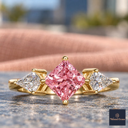Pink Princess Cut Lab Grown Diamond Engagement Ring - Trillion Three Stone in yellow gold, close-up