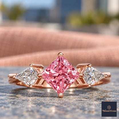Pink Princess Cut Lab Grown Diamond Engagement Ring - Trillion Three Stone in rose gold, close-up