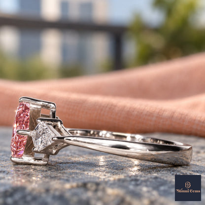 Pink Princess Cut Lab Grown Diamond Engagement Ring - Trillion Three Stone in white gold, side view