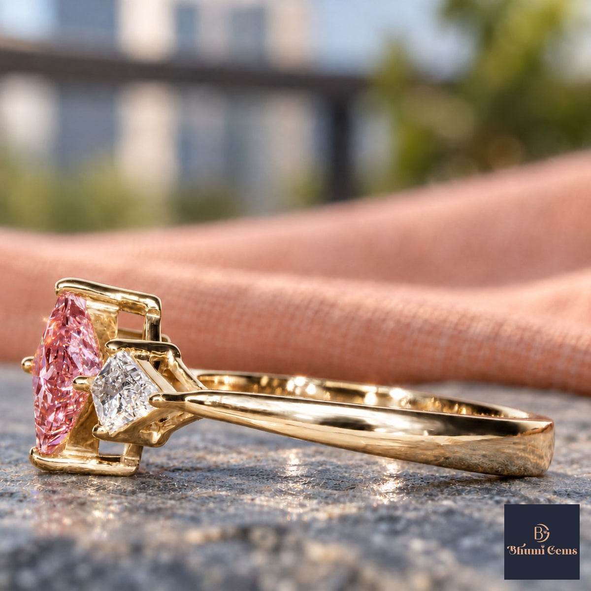 Pink Princess Cut Lab Grown Diamond Engagement Ring - Trillion Three Stone in yellow gold, side view