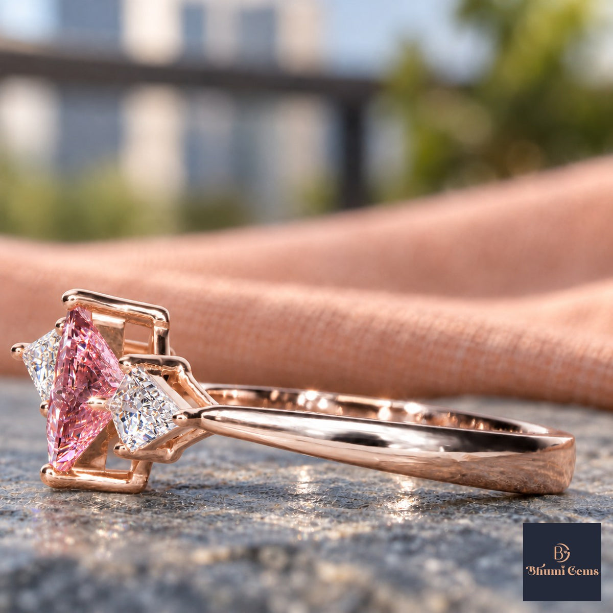 Pink Princess Cut Lab Grown Diamond Engagement Ring - Trillion Three Stone in rose gold, side view