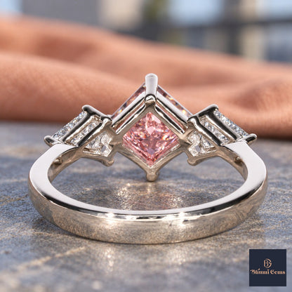 Pink Princess Cut Lab Grown Diamond Engagement Ring - Trillion Three Stone in white gold, gallery view