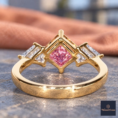 Pink Princess Cut Lab Grown Diamond Engagement Ring - Trillion Three Stone in yellow gold, gallery view