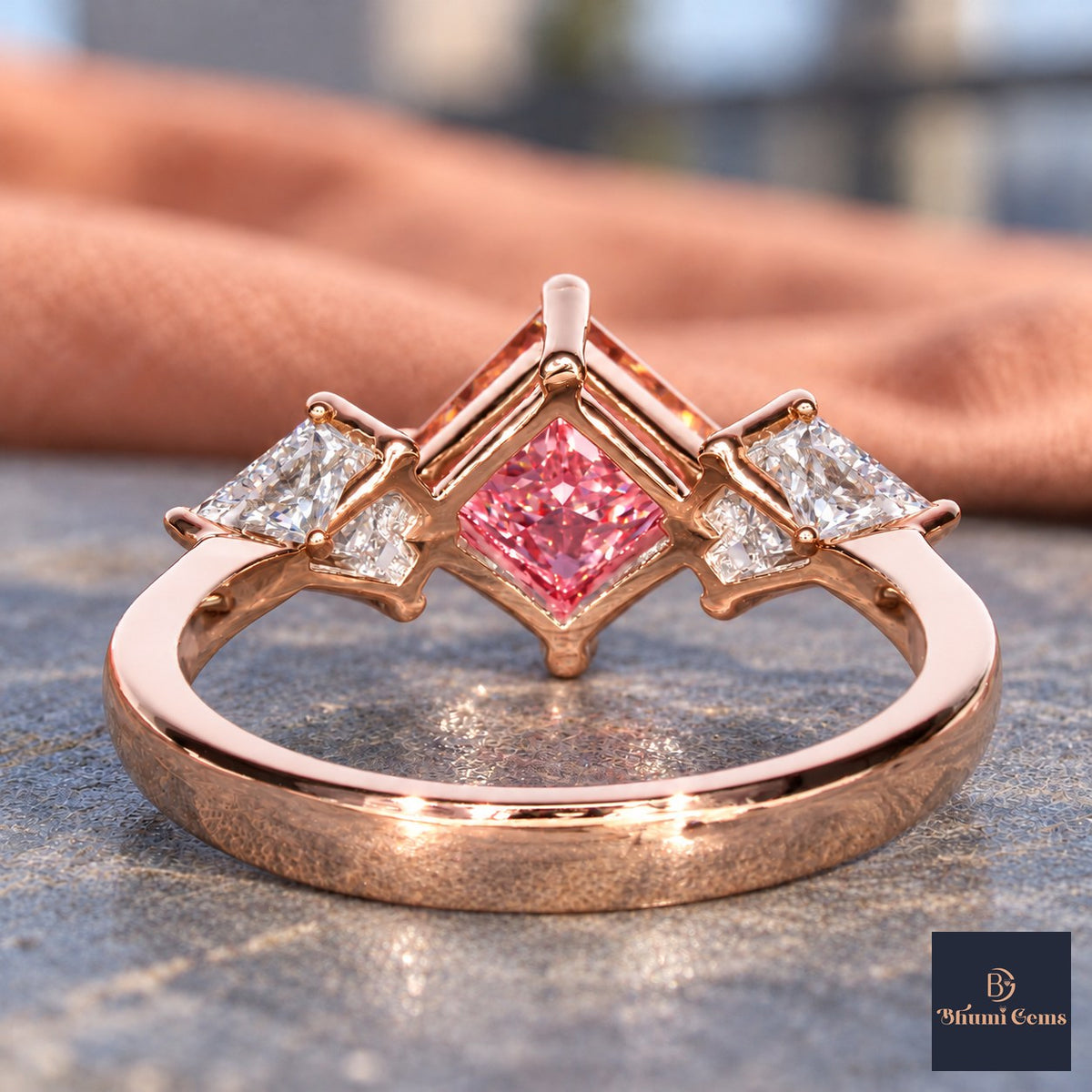 Pink Princess Cut Lab Grown Diamond Engagement Ring - Trillion Three Stone in rose gold, gallery view