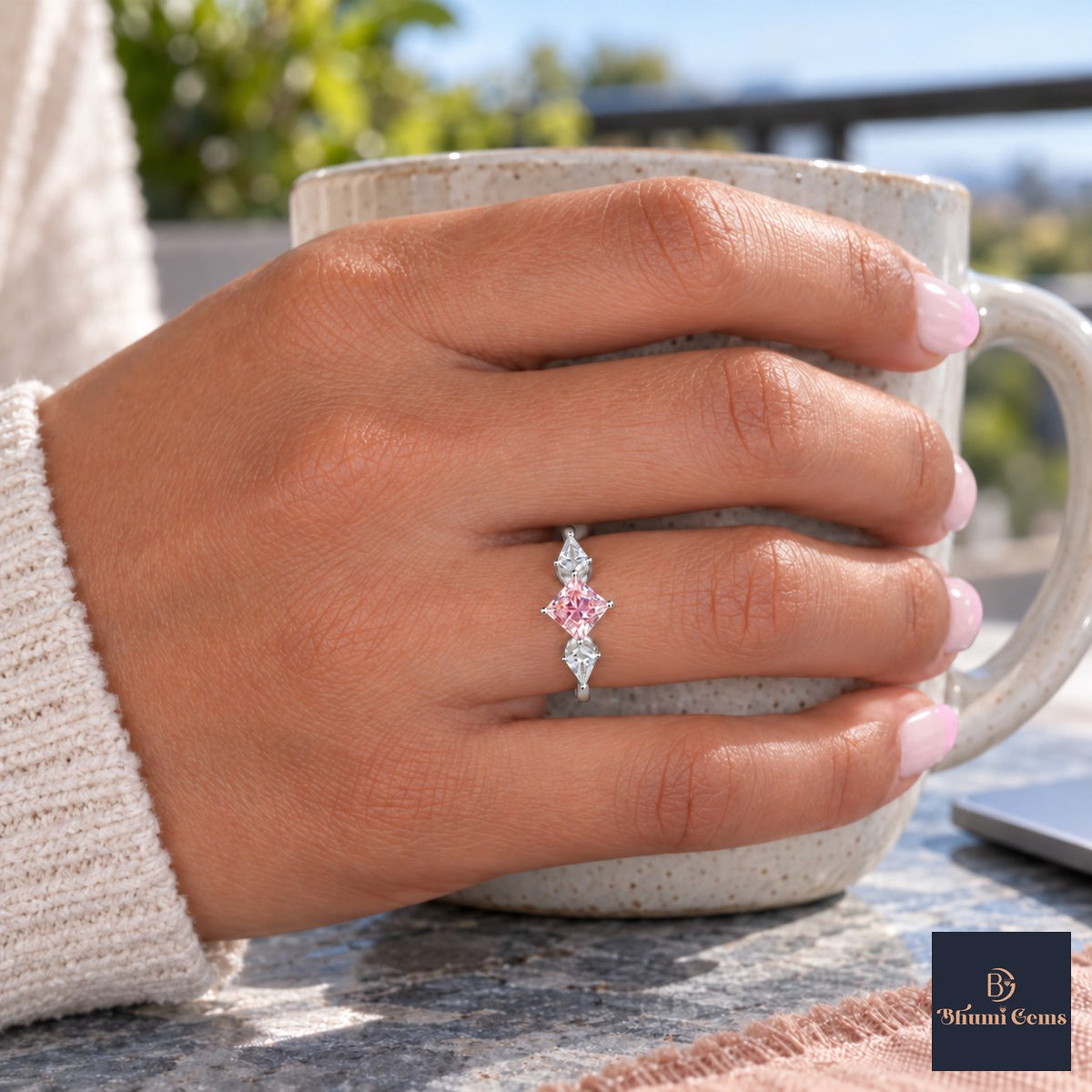 Pink Princess Cut Lab Grown Diamond Engagement Ring - Trillion Three Stone in white gold, on the hand
