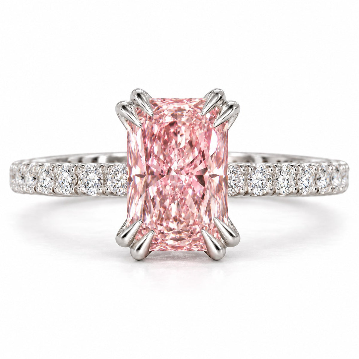 Pink Radiant Cut Lab Grown Diamond Engagement Ring - Cathedral Pave Band in white gold, front view