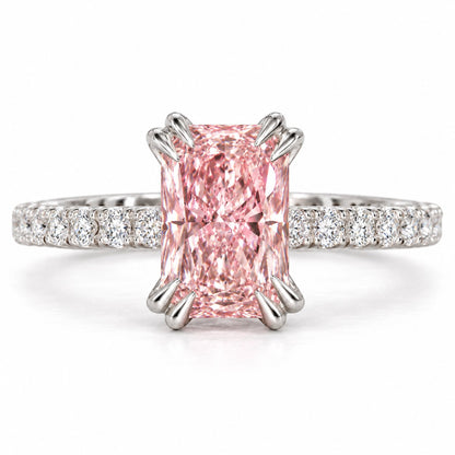 Pink Radiant Cut Lab Grown Diamond Engagement Ring - Cathedral Pave Band in white gold, front view